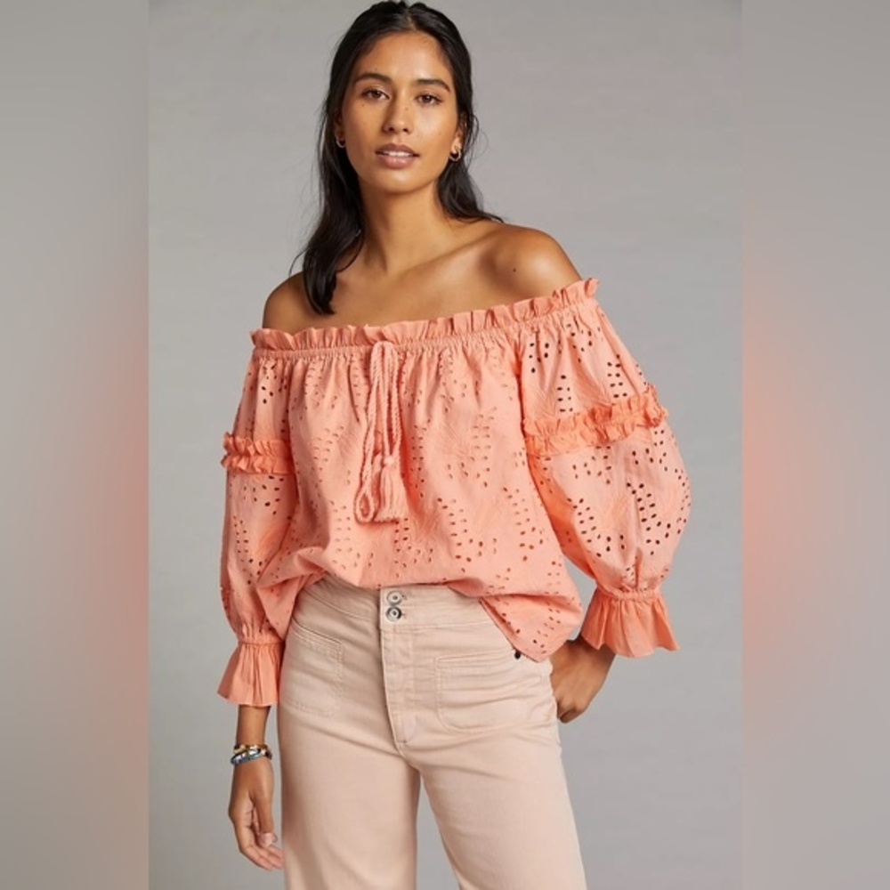 Anthropologie Seen Worn Kept Jane Eyelet Lace Off-The-Shoulder Blouse  4 NWOT